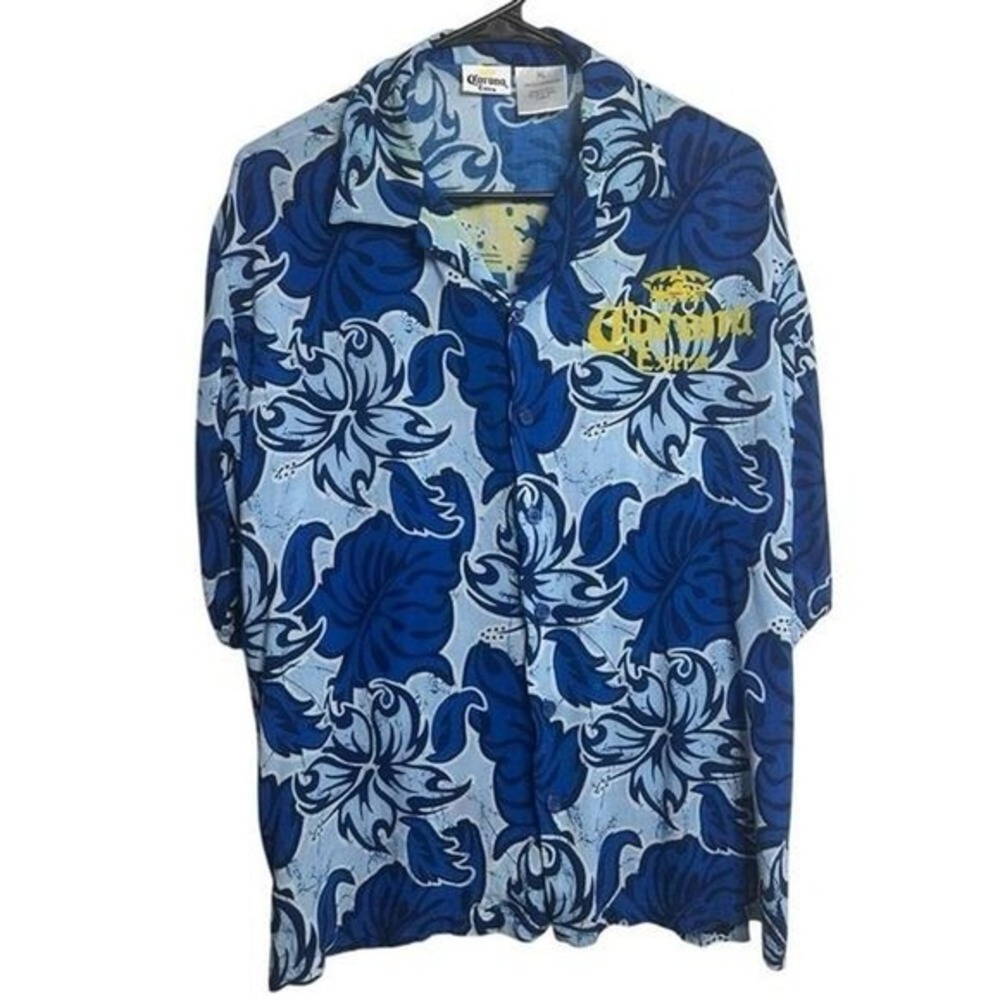 Corona Extra Men XL Casual Button‎ Down Floral Blue Hawaiian Shirt Resortwear